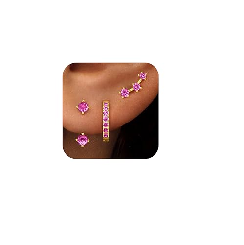 3 Pairs Dainty Small Earrings Set for Women Trendy, Birthstone Stud Huggie Hoop Jacket Stack for Cartilage Helix, Gold Plated Hypoallergenic Cute Women Fashion Accessories Western Jewelry Gifts - color: 10Pink-Oct (Gold)