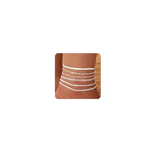 Besteel Ankle Bracelets for Women Waterproof 14K Gold Plated Anklets Set | Non Tarnish Stainless Steel, Plus Size Adjustable 8-12 Inch, Hypoallergenic Layered Cuban Link Chain Summer Foot Jewelry Gift - style: 6 Pcs Silver Cuban-8.5+2.5 Inch