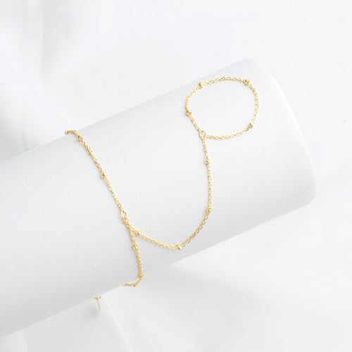 Kakikaki 925 Sterling Silver Finger Ring Bracelet Hand Chain for Women | Slave Bracelets 7" to 9" Adjustable - color: Gold, style: Satellite Chain