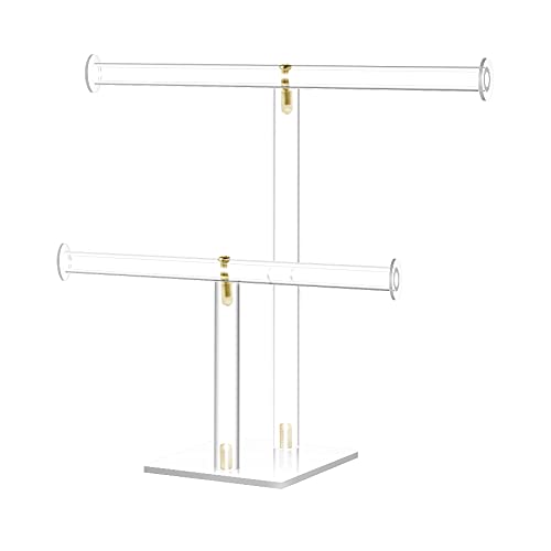 2-Tier Acrylic Jewelry Stand for Necklaces Bracelets | 2-tier acrylic stand with dual bars, tangle-free storage for necklaces, bracelets & earrings for dresser and shop