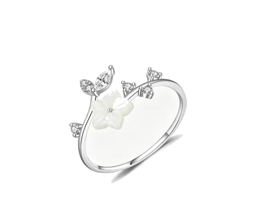Adjustable Open Ring for Women, Nature-Inspired Floral Crystal Design with Marquise Cut Created Zircon, Gold - color: silve