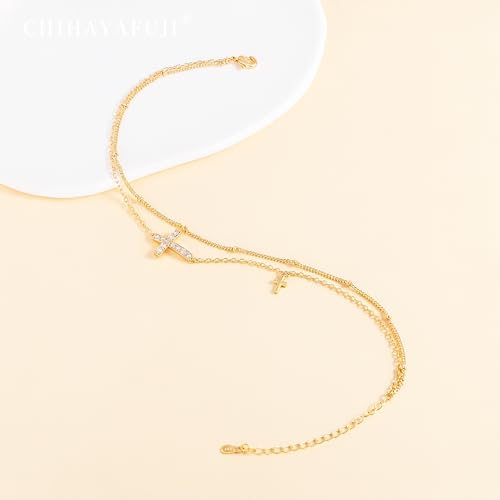 Sterling Silver Ankle Bracelets for Women 14K Gold Waterproof Layered Stackable Bead Chain Cross Charm Non Tarnish Large Adjustable Anklet for Summer Beach Jewelry Gift - color: goldA