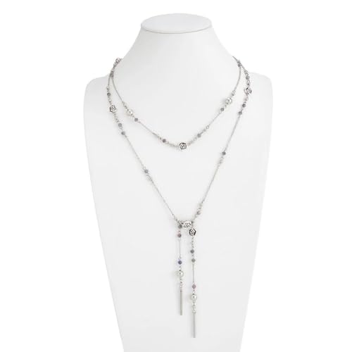 Long Layered Faux Pearl Beaded Chain Necklace for Women,Boho Y Body Chain Gold Drop Lariat Necklace Dainty Statement Fashion Jewelry Gifts - color: Silver1