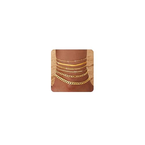 Besteel Ankle Bracelets for Women Waterproof 14K Gold Plated Anklets Set | Non Tarnish Stainless Steel, Plus Size Adjustable 8-12 Inch, Hypoallergenic Layered Cuban Link Chain Summer Foot Jewelry Gift - style: 6 Pcs Gold Bead-8.5+2.5 Inch