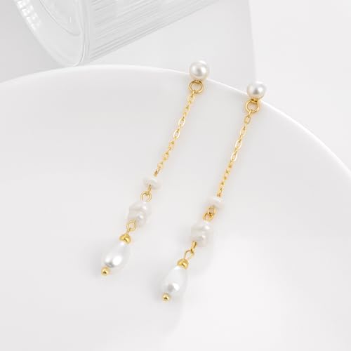 Gold Dangle Earrings for Women, 14K Threader Long Chain Drop Earrings Dangling Dainty Elegant Ear Chain with Tassel and Cubic Zirconia for Wedding Trendy Jewelry Gifts - color: Pearl Tassel