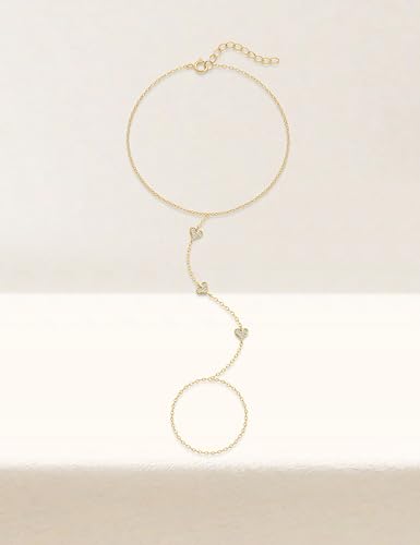 925 Sterling Silver Hand Chain Bracelet for Women | 14k Gold Plated CZ Crystal Heart Starburst Ring Bracelets Hand Chain Diamond Layered Stackable Link Chain Beach Jewelry Gifts - color: GoldC
