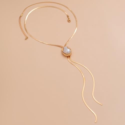 FUTIMELY Dainty Long Gold Necklace for Women,Thin Herringbone Chain Necklace,Long Lariat Necklace Body Jewelry - color: Pearl Gold
