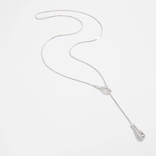 Y Shaped Water Drop Pendant Necklace for Women Adjustable Y Sliding Lariat Charm Necklace Fashion Stainless Steel Snake Chain Teardrop Jewelry Gift - color: Silver