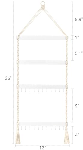 Mkono Hanging Jewelry Organizer Macrame Necklace Holder Wall Mounted Jewelry Hanger Earring Holder Organizer Boho Decor Over Door Jewelry Display Necklace Rack for Necklaces Bracelets Earrings