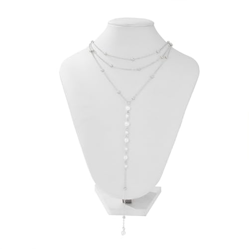 Trendy Gold Layered Small Beaded Pearl Long Tassel Lariat Y Necklaces for Women, Dainty Beads Pearls Drop Necklace Statement Charm Party Jewelry Gift - color: Silver