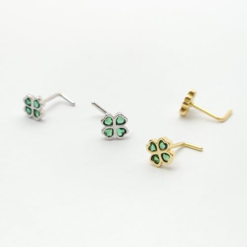 2Pcs 20G CZ Four Leaf Clover Nose Studs Rings for Women Gold Silver L-Shaped Surgical Steel Nose Stud Ring ST Patricks Day Nose Nostril Piercing Jewelry - color: Gold