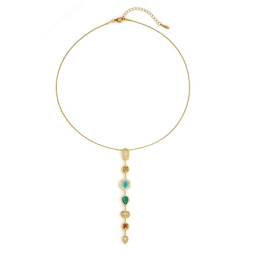 18K Gold Plated Seven Chakra Necklace for Women, Dainty Y Necklace Lariat Drop Pendant, Crystal Healing Yoga Jewelry Gifts - color: gold 02