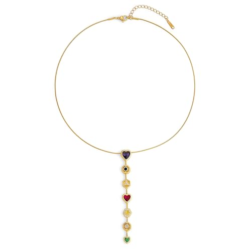 18K Gold Plated Seven Chakra Necklace for Women, Dainty Y Necklace Lariat Drop Pendant, Crystal Healing Yoga Jewelry Gifts - color: Gold 04