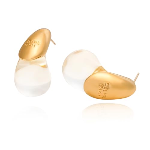18k Gold Plated Teardrop Earrings, sterling silver post chunky resin and copper drop stud earrings, Hypoallergenic Earrings Jewelry Gift - color: Clear-Gold