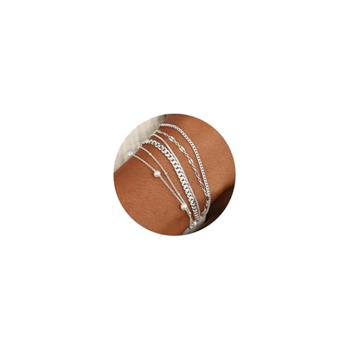 5Pcs Thin Silver Plated Bracelets Sets for Women Dainty | Silver Jewelry Trendy Stackable Rope Snake Box Figaro Chain Bracelets Pack Costume Fashion Gifts - style: 5Pcs BRACELET SET-03