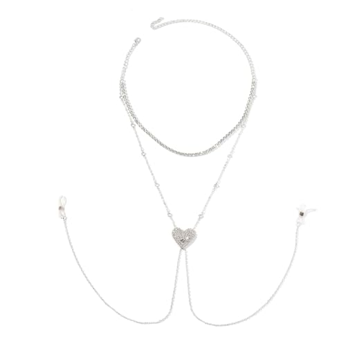 Sexy Rhinestone Heart Bra Body Chain Necklace Festival Rave Crystal Non Piercing Nipple Chain Jewelry Bikini Lingerie Nipple Body Jewelry for Women Party - color: Silver
