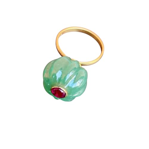 Vintage Style Ring with Green Jade Gemstone Carved Stone and Ruby Red Crystal Accent, Gold Tone Band