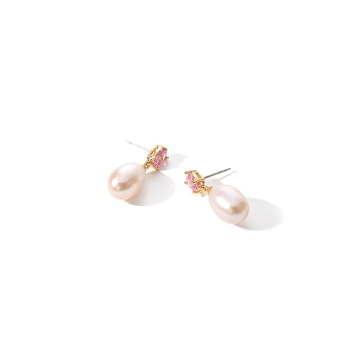 Pearl Drop Earrings Cubic Zirconia Stone Pearl Stud Earrings for Prom, Bridesmaids, Birthday Women Jewelry - color: Pink CZ Stone