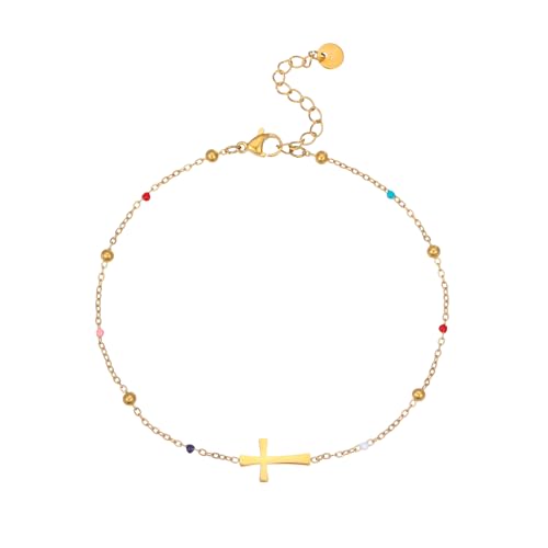 Ankle Bracelets for Women, 18K Gold Plated Dainty Waterproof Cross Anklets, Pearl Beaded Link Chain Anklet for Women Non Tarnish, Summer Beach Foot Jewelry, Christmas Gifts - color: Colorful Beads Cross-Gold