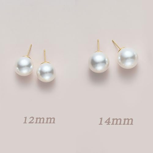 Oversized Faux Pearl Stud Earrings for Women, 14K Gold Plated Sterling Silver Hypoallergenic Large Classic Lightweight Pearl Earrings - size: White-14mm