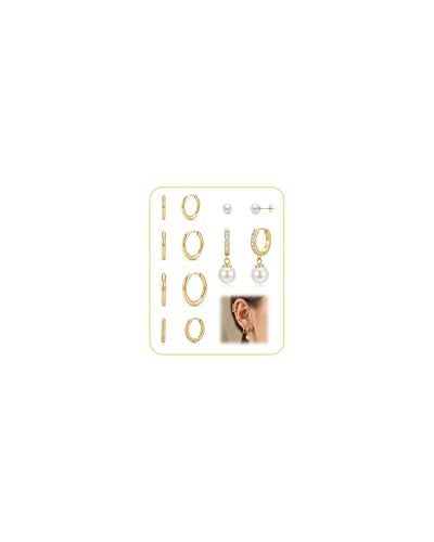 Surgical Stainless Steel Hypoallergenic Pearl Earrings Set: Dainty Cubic Zirconia Small Gold Hoop Earrings for Women Trendy, Cute Cartilage Huggie Earring Stack for Sensitive Ear - 18K Plated Titanium