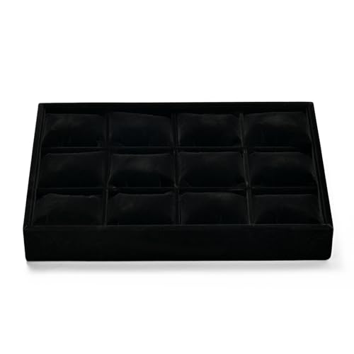 Black Velvet 12-Slot Watch Pillow Storage Tray | Soft black velvet 12-slot organizer tray with removable pillows, stackable, for drawer storage & retail jewelry display - size: 12 Grid with Pillow