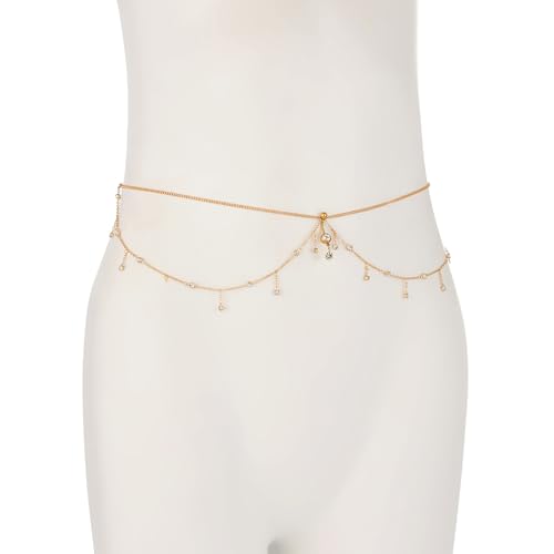 Summer Beach Multi-layer Crystal Belly Buttom Ring with Waist Chain Bikini Rhinestone Navel Piercing Dangle Belly Button Rings Waist Chain Sexy Belly Body Chain Jewelry for Women - style: Gold