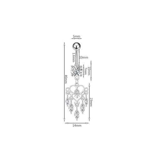 14G Boho Dangle Belly Button Ring, Stainless Steel Tassel Crystal Love Heart Chandelier Navel Piercing Barbell Belly Rings Body Piercings Jewelry for Women - color: Silver