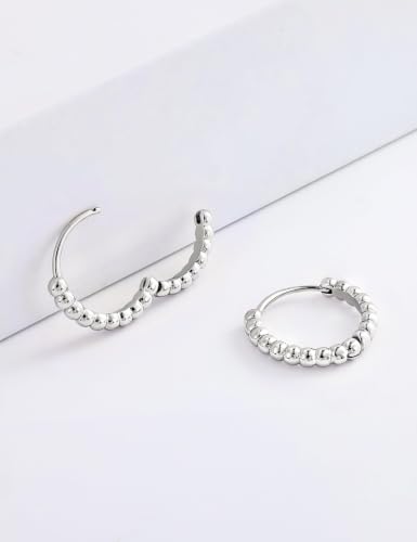 Fiusem 14K Gold Plated Huggie Hoop Earrings for Women | 8/10/12 Hypoallergenic Small Twisted beaded Huggie Earrings - color: Silver Bead, size: 12MM