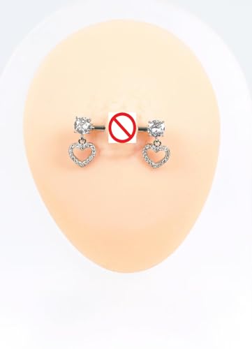 HQLA 14G Dainty CZ Love Heart Nipple Rings Tongue Ring Surgical Steel Nipple rings Piercing Women Barbells 2Pcs 25/8"(16mm) - style: Silver - Style D - Dangle CZ Love