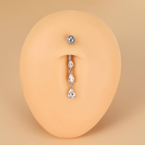 Gold Belly Button Ring, Titanium Dangle Floating Navel Piercing Jewelry - color: Silver-Dangle-10mm