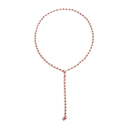 Long Faux Pearl Beaded Y Tassel Lariat Necklace for Women,Boho Dainty Chain Crystal Rhinestone Statement Necklace Fashion Lightweight Jewelry Gifts - color: Red