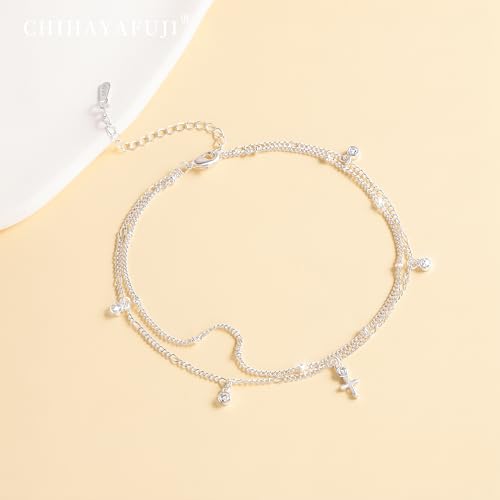 Sterling Silver Ankle Bracelets for Women 14K Gold Waterproof Layered Stackable Bead Chain Cross Charm Non Tarnish Large Adjustable Anklet for Summer Beach Jewelry Gift - color: silver2
