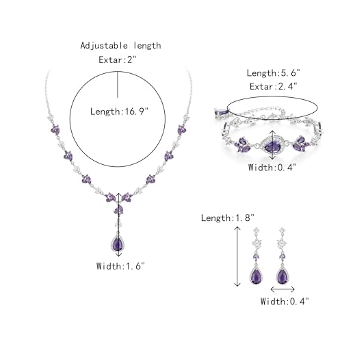 Teardrop Marquise Cubic Zirconia Wedding Prom Jewelry Set for Women Bridal | Silver/Gold/Rose Gold Plated, Pear Cut Pendant Necklace Drop Earrings Link Bracelet, for Bride Bridesmaid, for Banquet Party - style: A_Three Set, Purple