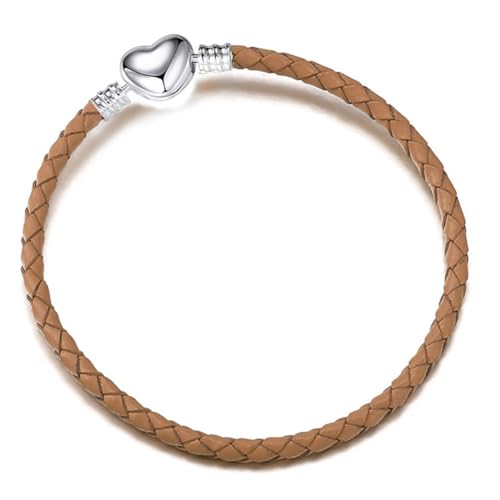 GMXLin Leather Charm Bracelet Heart Snap Clasp Clip Lock Handmade Braided Wristband Compatible with Women Pandora Charm Bead - color: Brown