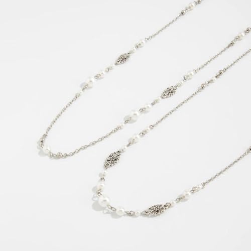 Long Layered Faux Pearl Beaded Chain Necklace for Women,Boho Y Body Chain Gold Drop Lariat Necklace Dainty Statement Fashion Jewelry Gifts - color: Silver2