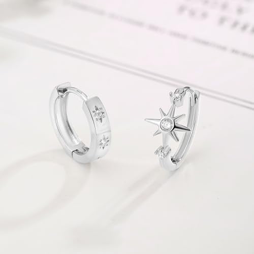 DAILY VIBES Dainty Small Star Huggie Hoop Earrings for Women Trendy | 925 Sterling Silver Post, 14K Gold or Silver Plated, Mini Cubic Zirconia, Cartilage Hoop Earrings - color: Silver Asymmetric Star
