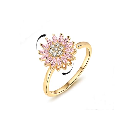 Sunflower Fidget Ring for Women Gold Anxiety Crystal Rings Cubic Zirconia Sunflower Open Adjustable Fidget Ring Spinner Sun Ring for Men Trendy Jewelry - color: fense