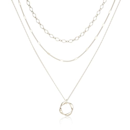 Stackable Silver Plated Layered Choker Necklaces for Women | Stacked Stacking Layering Dainty Silver Plated Necklace, Beach Circle Paperclip Pendant Chain Necklaces Trendy, Jewelry Set - color: 3PCS / Twisted Circle & 2 Chains - Silver