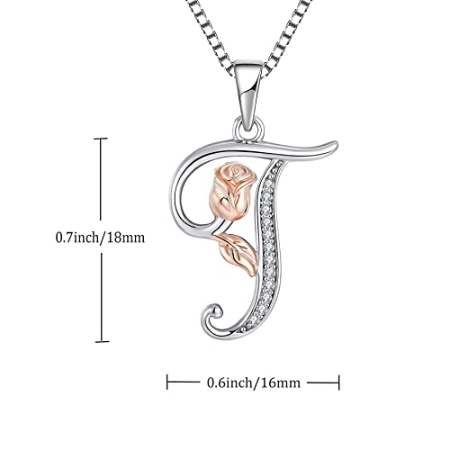 STARCHENIE Initial Necklace for Women Sterling Silver Letters 26 Alphabet Pendant Rose Flower Jewelry Gifts for Family Sisters Friend - color: T