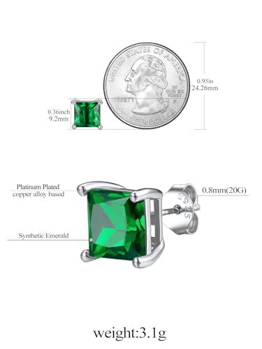 FindChic 2 Carat Birthstone Stud Earrings for Women, Round/Heart/Princess Cut Stud Earrings, Hypoallergenic Studs with 925 Sterling Silver Posts, 12 Months Birthday Jewelry Gift - color: 05. May-Emerald(Princess Cut)
