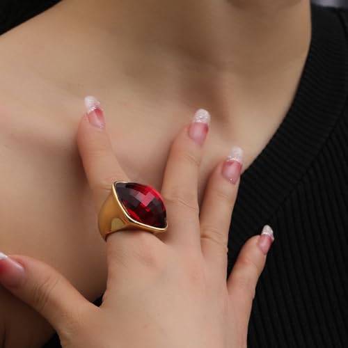 Chunky Square Crystal Glass Stainless Steel Statement Ring for Women Men Gold-Tone Plated Exaggerated Large Geometric Green Cubic Zirconia Finger Band Knuckle Rings Cocktail Prom Fashion Jewelry - color: Red