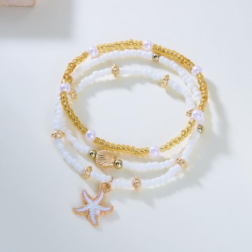3PCS Boho Anklets for Women Summer Beach Women's Ankle Bracelets Beaded Anklet Bracelet Waterproof Beach Anklets Shell Starfish Anklet Foot Chain Jewelry for Women - color: 3PCS/Gold
