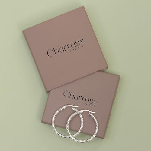 Charmsy 925 Sterling Silver Hoop Earrings | Lightweight Italian 2.5mm Tube Diamond-Cut Round Classic Hoops Earring for Women | Size 15/20/25/30/35/40/50/60/70mm | Small Medium Large - color: Diamond-Cut, size: 30 MM