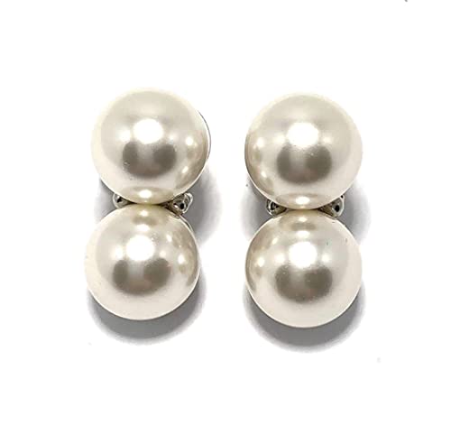 14mm Double Pearl Earring with 2 Crystal Accents, Gold or Silver Setting. Pierced or Clip - color: White/Gold/Pierced