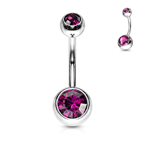 Belly Button Piercing Ring 14 Gauge Surgical Steel - color: Double DARK PURPLE CZ gem