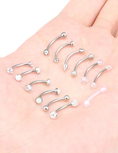 Jenxnjsjo 16g 6/8/10mm Eyebrow/Rook/Snug/Vertical-Labret/VCH/Snake-Eyes/Anti-Tragus/Christina/Daith/Belly-Button/Bridge/Hood/Surface Curved Barbell Piercing Jewelry for Women Men - color: 13PCS, Surgical-Steel, size: 10mm
