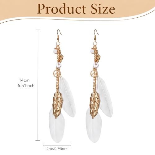 FRESHME Native American Earrings for Women - Ethnic Boho Feather Dangle Jewelry with Tessel for Birthday Party Photoshoot - color: White