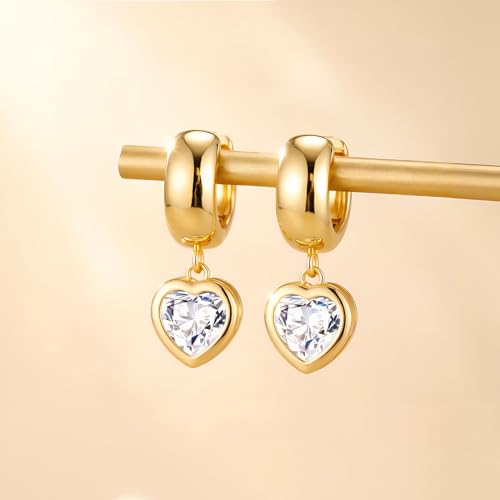 Gold Dangle Earrings for Women 14K Gold Plated Chunky Huggie Hoops Drop Earring Trendy Cubic Zirconia Diamond Crystal Round Teardrop Heart Charm Hypoallergenic Statement Jewelry Gifts - color: gold-heart CZ