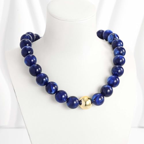 Chunky Beaded Necklace for Women Boho Statement Bead Necklace | Adjustable, Lightweight Choker, Round/Oval/Pebble Beads, Trendy Summer Beach Jewelry - color: Deep Blue